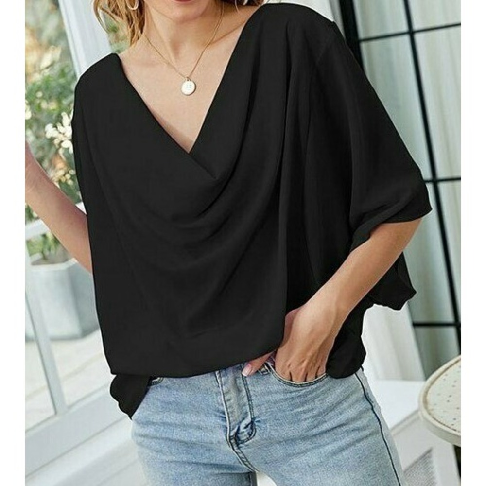 Floral Blooming Blouse  Drape Neck Black  Blouse  Women Top Size S